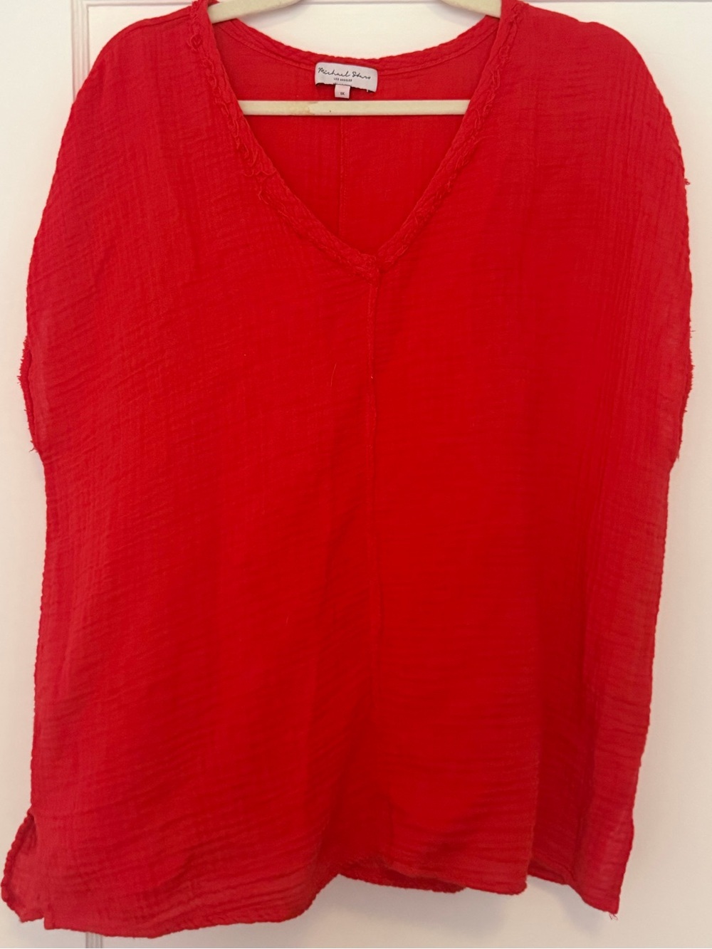 Michael Stars Red Cotton Double-Gauze V-Neck Raw Edge Top 1X